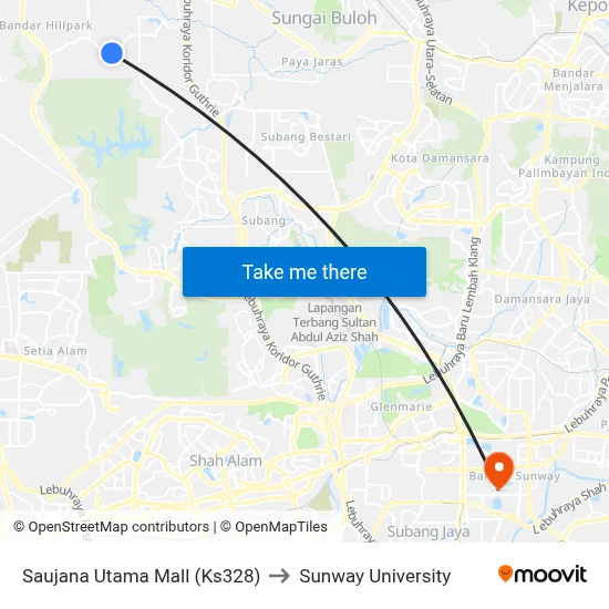 Saujana Utama Mall (Ks328) to Sunway University map