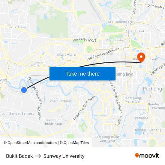 Bukit Badak to Sunway University map