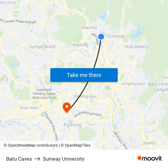 Batu Caves to Sunway University map