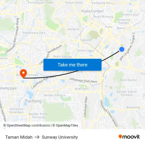 Taman Midah to Sunway University map