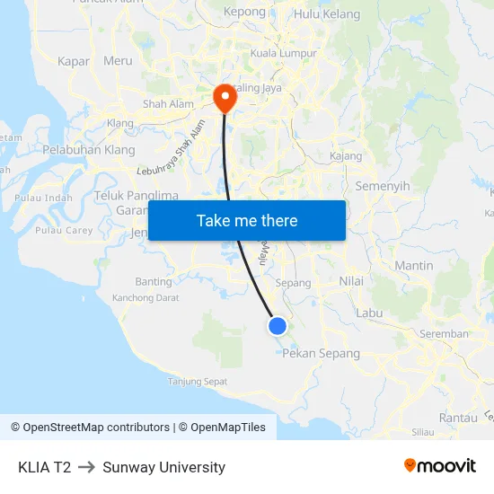 KLIA T2 to Sunway University map