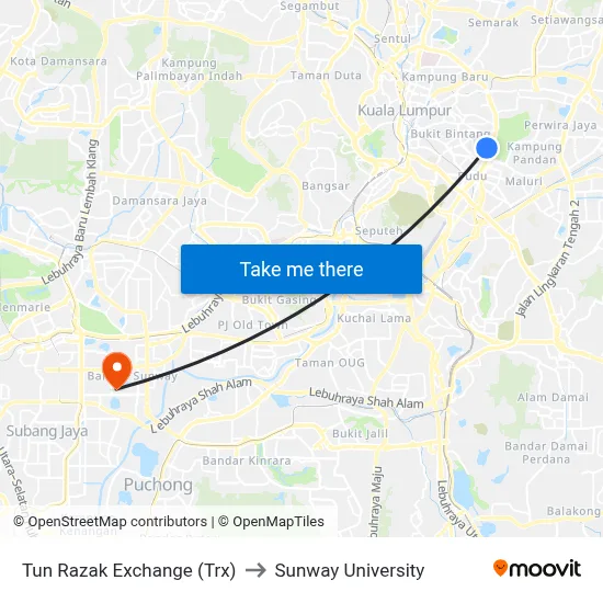 Tun Razak Exchange (Trx) to Sunway University map