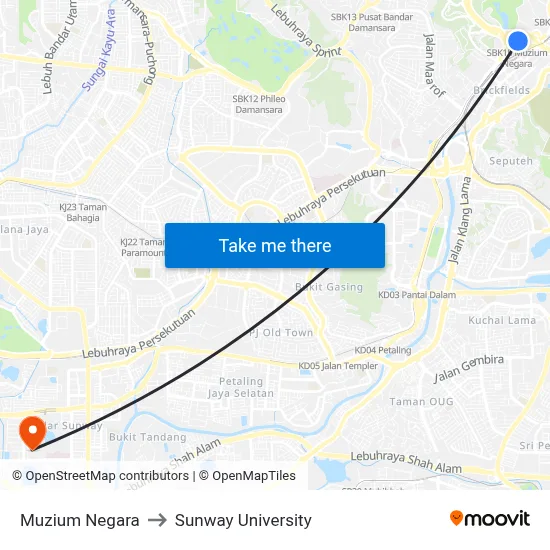 Muzium Negara to Sunway University map