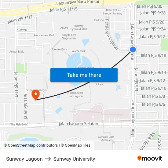 Sunway Lagoon to Sunway University map