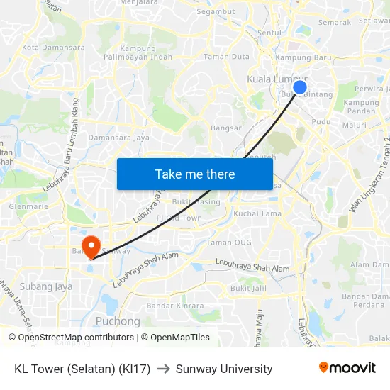KL Tower (Selatan) (Kl17) to Sunway University map