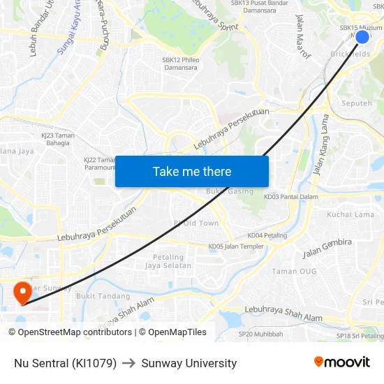 Nu Sentral (Kl1079) to Sunway University map