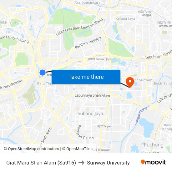 Giat Mara Shah Alam (Sa916) to Sunway University map