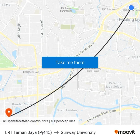 LRT Taman Jaya (Pj445) to Sunway University map