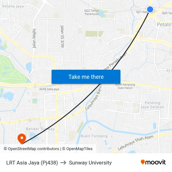 LRT Asia Jaya (Pj438) to Sunway University map
