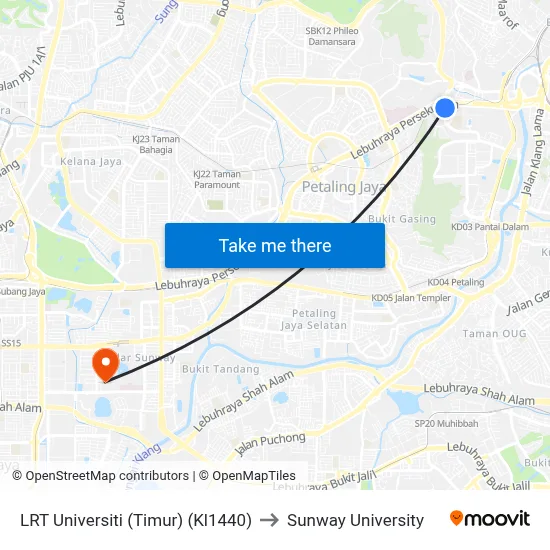 LRT Universiti (Timur) (Kl1440) to Sunway University map