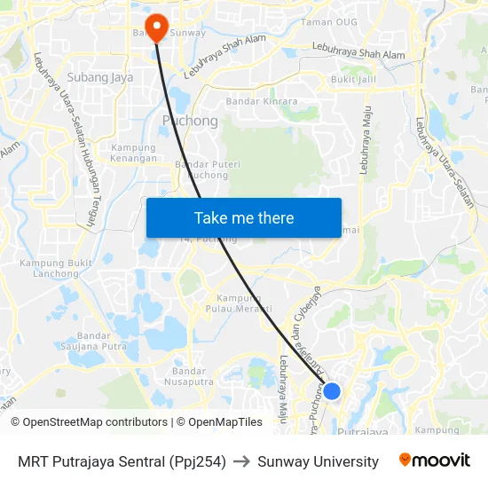 MRT Putrajaya Sentral (Ppj254) to Sunway University map