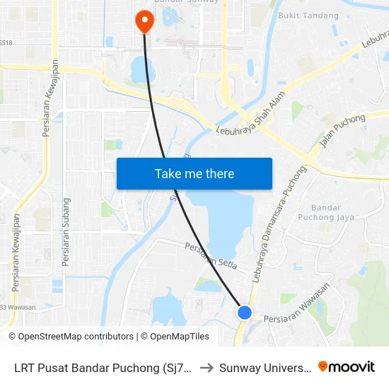 LRT Pusat Bandar Puchong (Sj735) to Sunway University map
