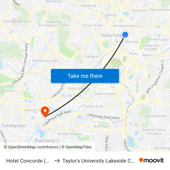Hotel Concorde (Kl80) to Taylor's University Lakeside Campus map