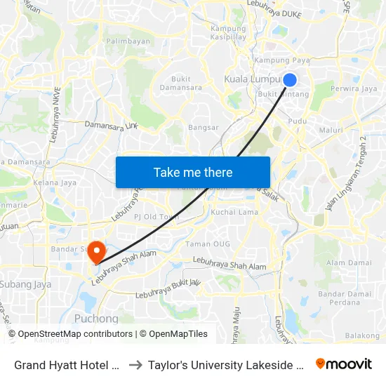 Grand Hyatt Hotel (Kl88) to Taylor's University Lakeside Campus map