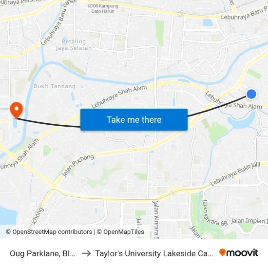 Oug Parklane, Blok E to Taylor's University Lakeside Campus map