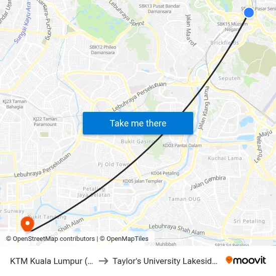 KTM Kuala Lumpur (Kl1093) to Taylor's University Lakeside Campus map