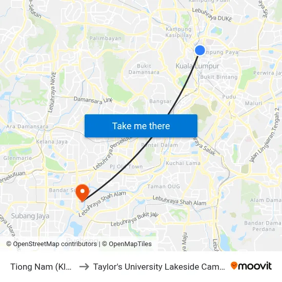 Tiong Nam (Kl42) to Taylor's University Lakeside Campus map