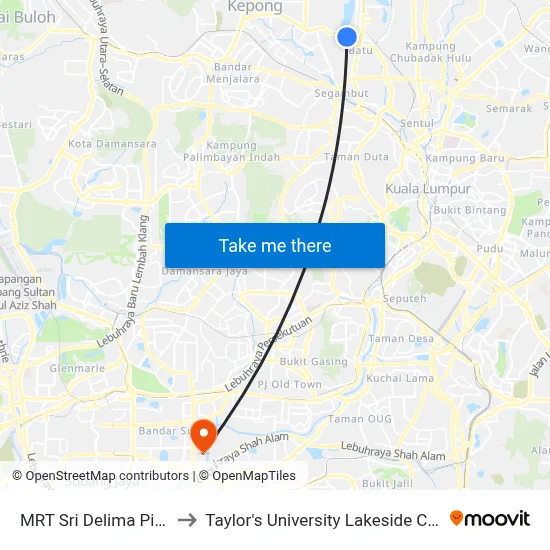 MRT Sri Delima Pintu C to Taylor's University Lakeside Campus map