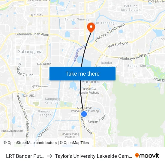 LRT Bandar Puteri to Taylor's University Lakeside Campus map