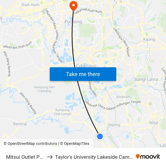Mitsui Outlet Park to Taylor's University Lakeside Campus map