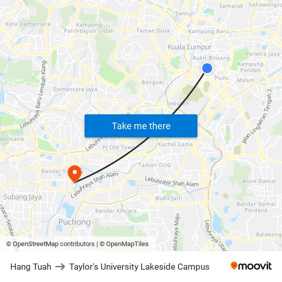 Hang Tuah to Taylor's University Lakeside Campus map