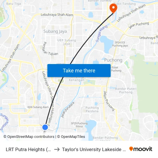 LRT Putra Heights (Sj705) to Taylor's University Lakeside Campus map