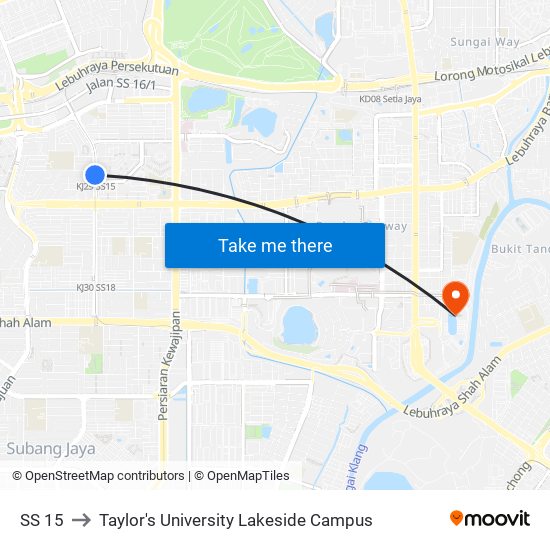 SS 15 to Taylor's University Lakeside Campus map