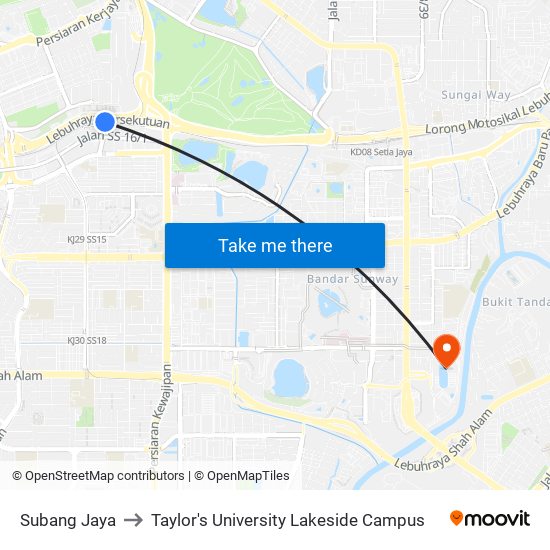 Subang Jaya to Taylor's University Lakeside Campus map