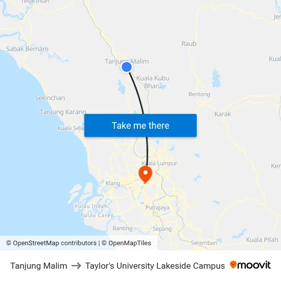 Tanjung Malim to Taylor's University Lakeside Campus map