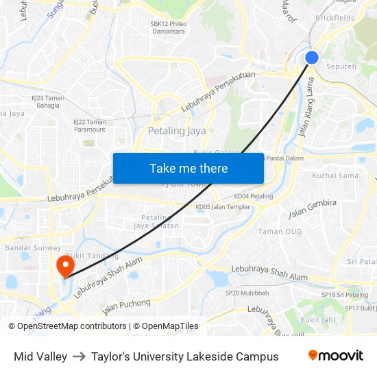 Mid Valley to Taylor's University Lakeside Campus map