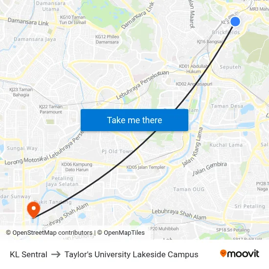 KL Sentral to Taylor's University Lakeside Campus map