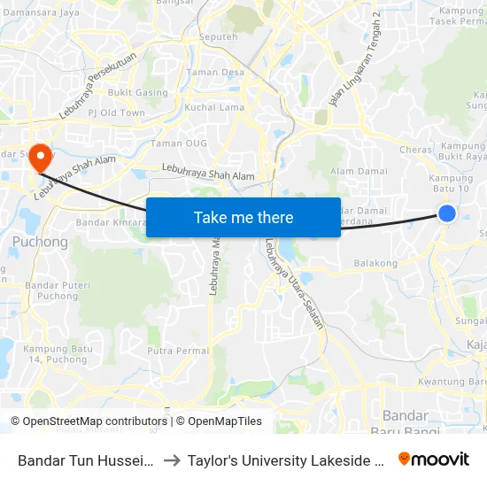 Bandar Tun Hussein Onn to Taylor's University Lakeside Campus map