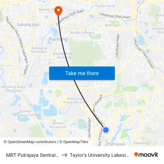 MRT Putrajaya Sentral (Ppj254) to Taylor's University Lakeside Campus map