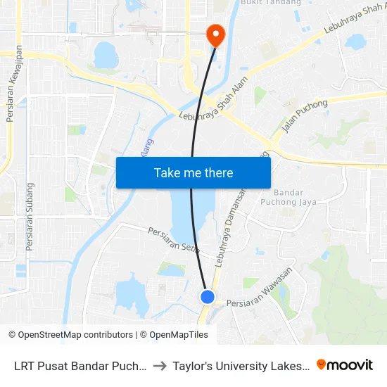 LRT Pusat Bandar Puchong (Sj735) to Taylor's University Lakeside Campus map