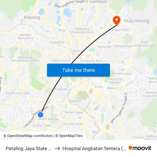Petaling Jaya State (Utara) (Pj433) to Hospital Angkatan Tentera (HAT) Tuanku Mizan map