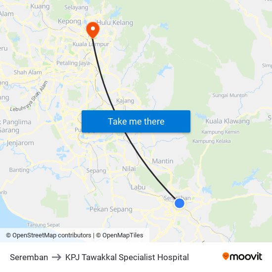 Seremban to KPJ Tawakkal Specialist Hospital map