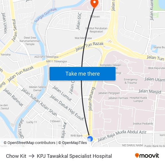 Chow Kit to KPJ Tawakkal Specialist Hospital map