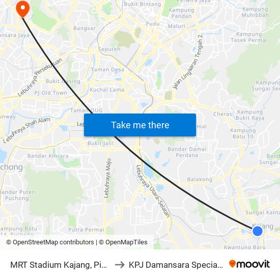 MRT Stadium Kajang, Pintu A (Kj822) to KPJ Damansara Specialist Hospital map