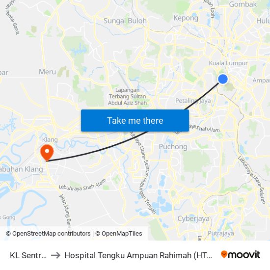 KL Sentral to Hospital Tengku Ampuan Rahimah (HTAR) map