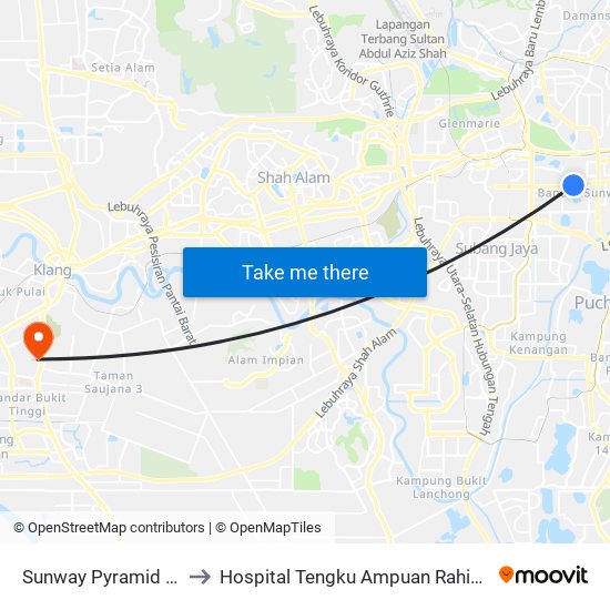 Sunway Pyramid (Pj615) to Hospital Tengku Ampuan Rahimah (HTAR) map