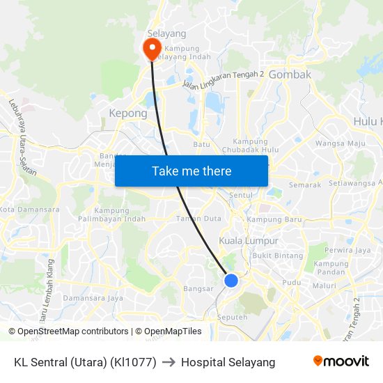 KL Sentral (Utara) (Kl1077) to Hospital Selayang map