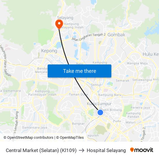 Central Market (Selatan) (Kl109) to Hospital Selayang map