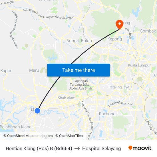 Hentian Klang (Pos) B (Bd664) to Hospital Selayang map