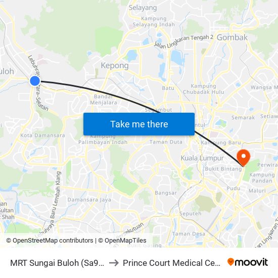 MRT Sungai Buloh (Sa995) to Prince Court Medical Centre map