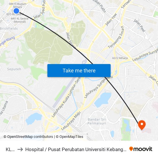 KL Sentral to Hospital / Pusat Perubatan Universiti Kebangsaan Malaysia / UKM Medical Centre (HUKM / PPUKM / UKMMC) map