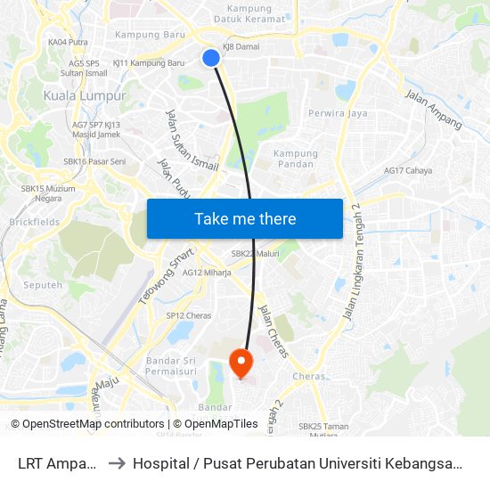 LRT Ampang Park (Kl2306) to Hospital / Pusat Perubatan Universiti Kebangsaan Malaysia / UKM Medical Centre (HUKM / PPUKM / UKMMC) map