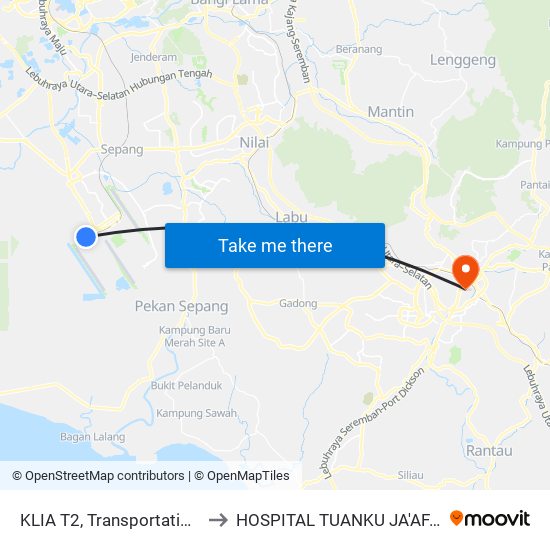 KLIA T2, Transportation Hub Level 1 to HOSPITAL TUANKU JA'AFAR, SEREMBAN map