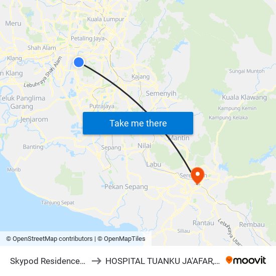 Skypod Residences (Sj447) to HOSPITAL TUANKU JA'AFAR, SEREMBAN map