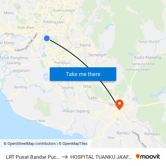 LRT Pusat Bandar Puchong (Sj735) to HOSPITAL TUANKU JA'AFAR, SEREMBAN map