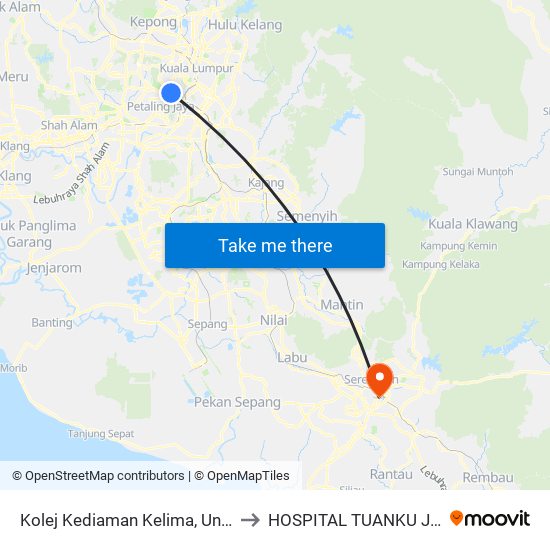 Kolej Kediaman Kelima, Universiti Malaya (Kl2343) to HOSPITAL TUANKU JA'AFAR, SEREMBAN map